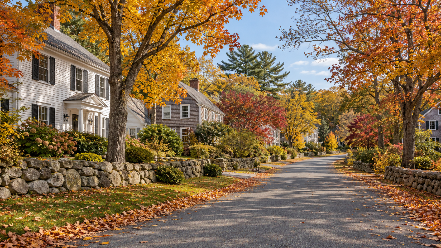 A generic New England residential streetscape in autumn